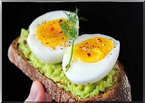 Savory breakfast with eggs and avocado.