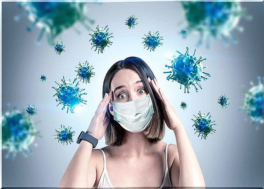 Scared woman surrounded by coronavirus