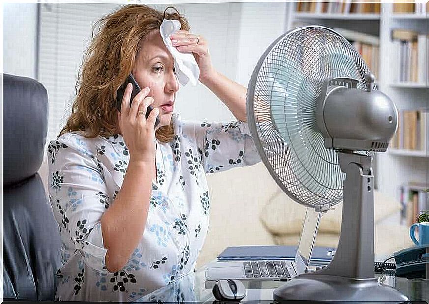 Thermal stress, hot woman and fan