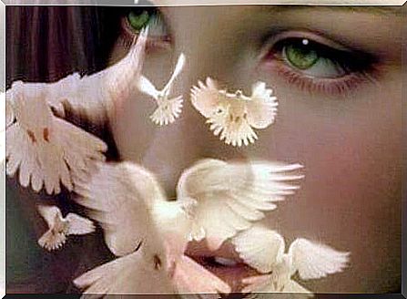 woman's eyes and white doves